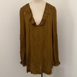 Free People Medium Tunic Top ~ Long Sleeve V-Neck Ruffled Boho Festival Hippie